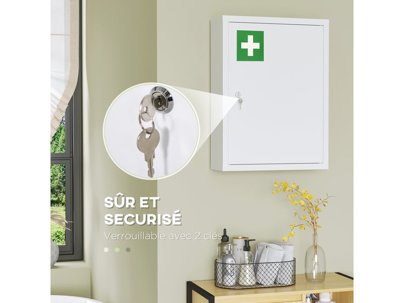 Armoire à pharmacie murale en acier, armoire à médicaments à 3 niveaux porte verrouillable 2 clés, blanc, 40x15x53,5cm - Conforama A