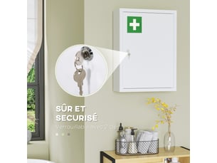 Armoire à pharmacie murale en acier, armoire à médicaments à 3 niveaux porte verrouillable 2 clés, blanc, 40x15x53,5cm