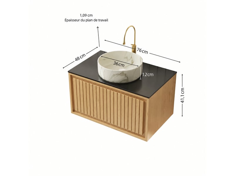  Meuble vasque suspendu 76 cm avec vasque ronde blanche en céramique et plateau noir  - Conforama C