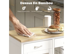 Desserte de cuisine à roulettes, îlot central cuisine avec plateau en bambou, 67 x 35 x 80 cm, porte vitrée, blanc