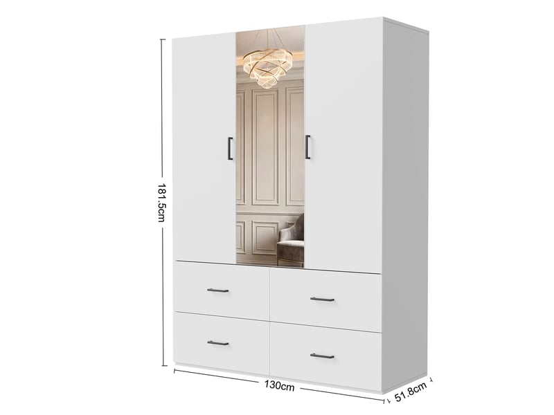 Armoire de penderie 2 portes avec miroir central et 4 tiroirs - 130 x 51,8 x 181,5 cm - blanc - meuble de rangement - Conforama B