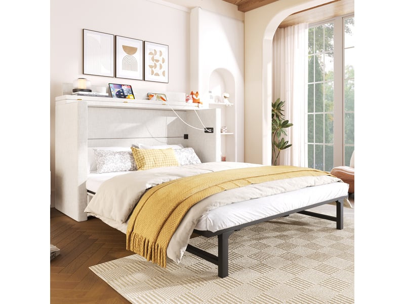  Lit escamotable 140 x 200 cm avec tiroir, ports usb et usb-c, beige en lin et mdf  - Conforama B