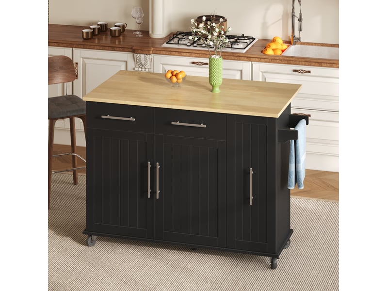  Îlot de cuisine 120x40x90 cm pliant roulant avec 3 niveaux, mdf, noir et naturel  - Conforama E