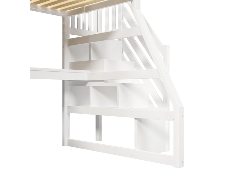  Lit mezzanine 90x200 cm blanc, avec bureau l, led, usb, escalier de rangement 3 compartiments, sommier inclus, sans matelas  - Conforama E