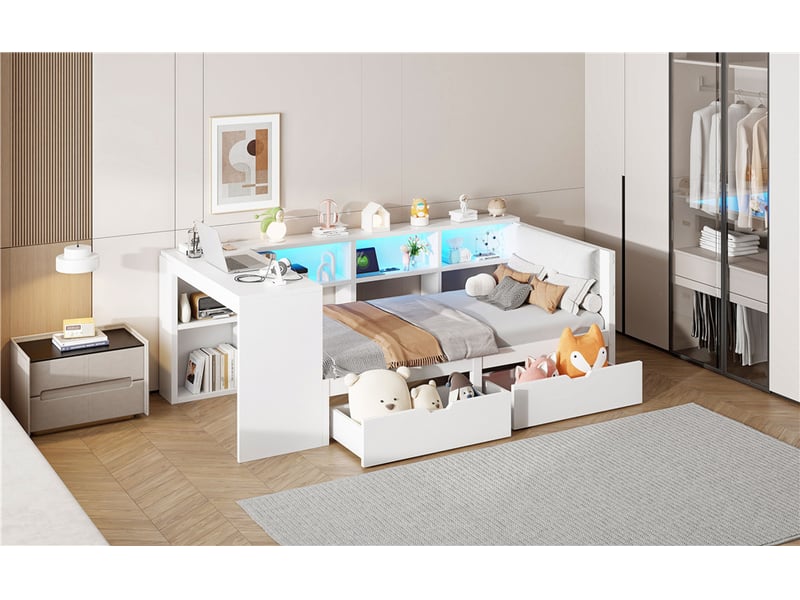  Lit avec rangement 90 × 200 cm, 2 tiroirs, étagères, tête rembourrée, led, prises et usb, mdf et contreplaqué, blanc  - Conforama B