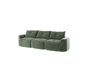 Canapé modulable 3 places couleur vert sauge, configuration 2+1, design arrondi, mousse, revêtement côtelé