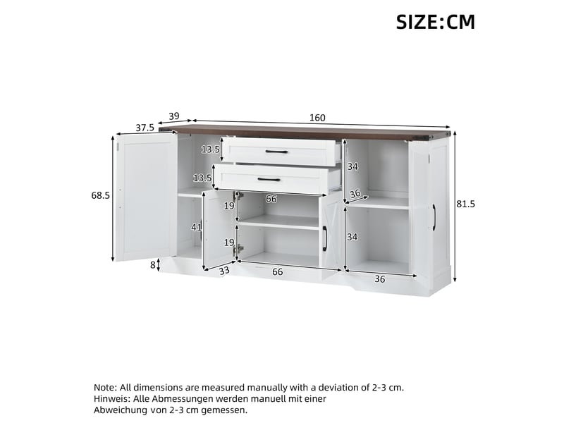  Buffet de cuisine 160x39x81,5 cm, 4 portes, 2 tiroirs, poignées métal, mdf et panneau de particules, blanc, rangement  - Conforama C