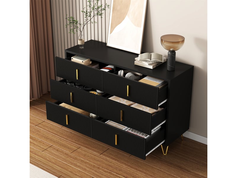  Commode buffet en panneaux de particules avec 6 tiroirs et poignées dorées,noir commode noir - Conforama D