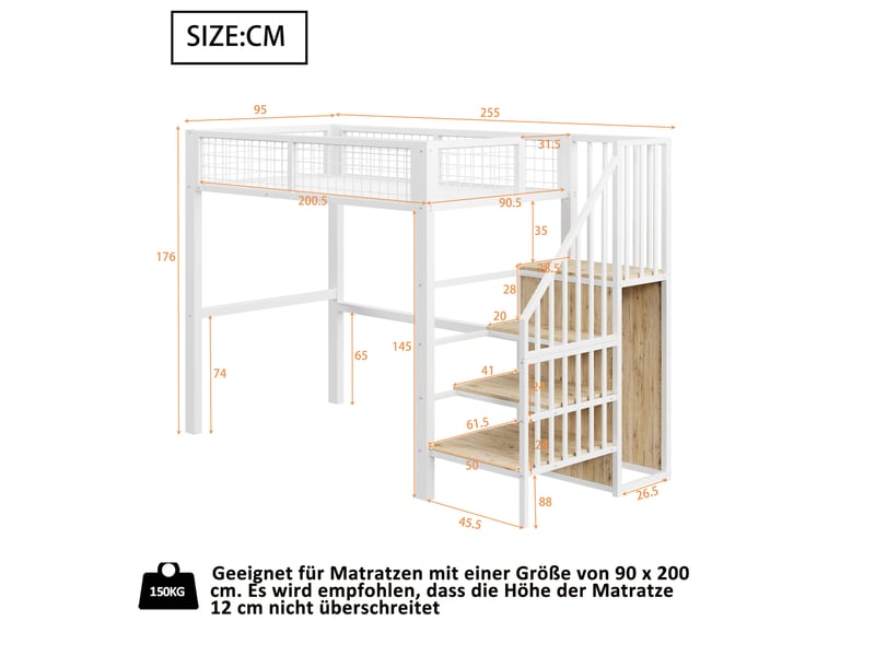  Lit mezzanine 90x200 cm avec escalier, armoire ouverte et barrière de sécurité, en métal blanc, sans matelas  - Conforama C