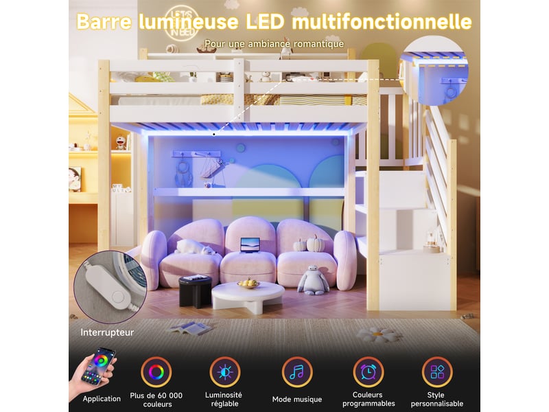 Lit mezzanine blanc et naturel 90x200 cm, led, espace inférieur et escalier-rangement - Conforama B