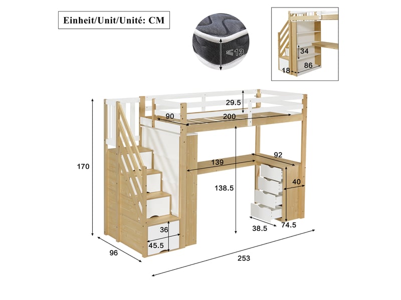  Lit mezzanine enfant 90 x 200 cm avec bureau, étagères, tiroirs et escalier de rangement, bois massif et mdf - blanc et naturel OMNIGLINT TRADING LTD - Conforama D
