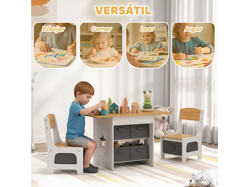  Table enfant avec 2 chaises et 6 tiroirs en tissu, motif étoiles, pour garçons et filles de 3 à 8 ans, couleur naturelle  - Conforama E
