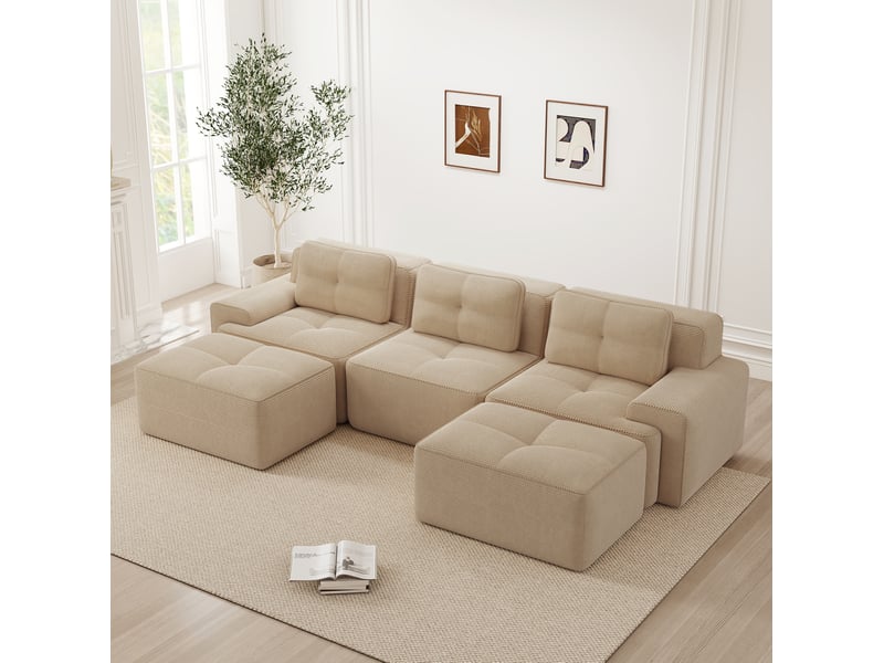  Canapé modulable en u 3 places avec 2 ottomans en velours côtelé beige  - Conforama B