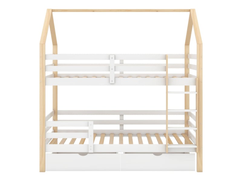  Lit enfant, 90×200 cm, forme maison, avec tiroirs, pin, blanc + couleur bois, sans matelas  - Conforama A