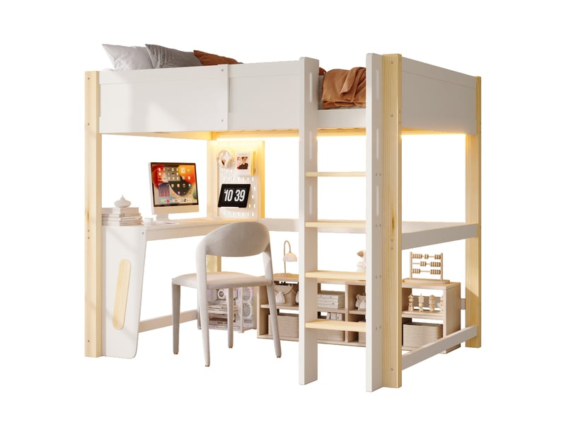  Lit mezzanine avec éclairage led, 140x200cm, avec bureau, panneau perforé, lit structure en pin, blanc  - Conforama A