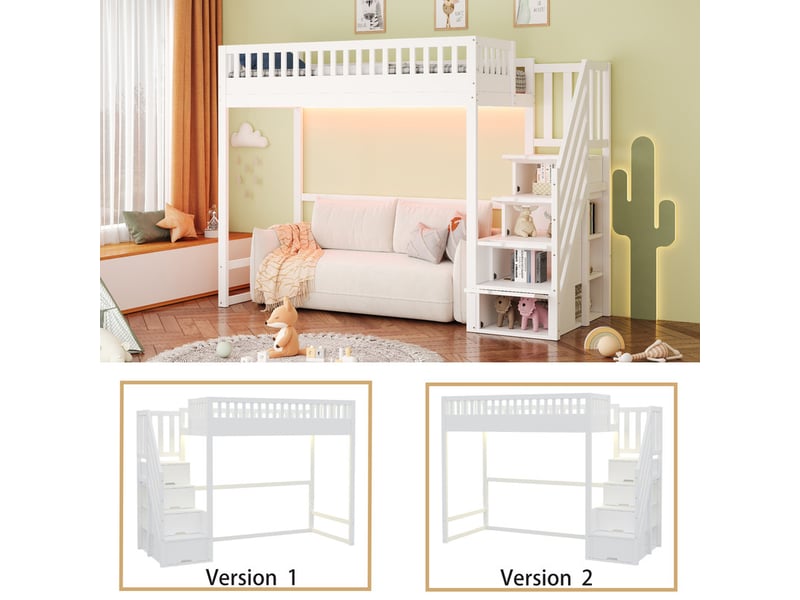Lit mezzanine 90 x 200 cm - avec échelle de sécurité - avec barrières de sécurité - avec éclairage led - blanc (matelas non inclus)  - Conforama D