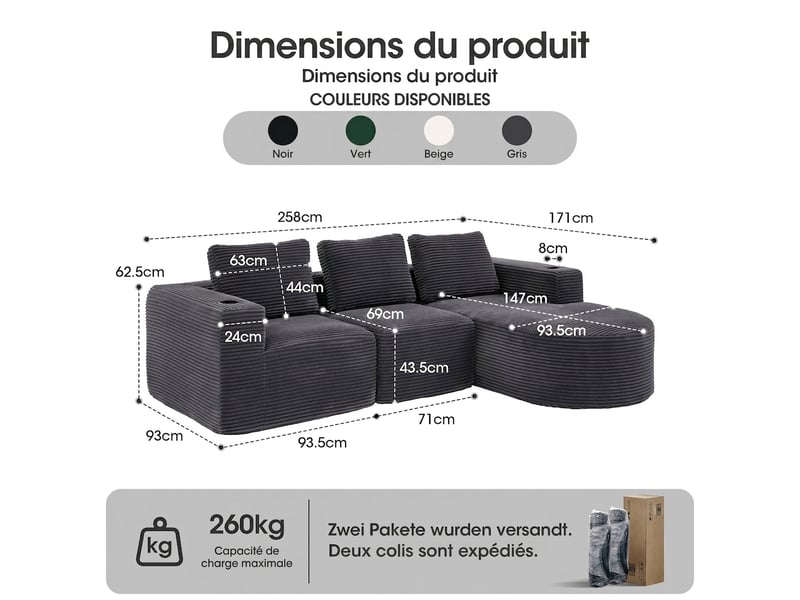  Canapé 2 places velours côtelé gris foncé 265 cm - compact avec 3 coussins et porte-gobelets  - Conforama C