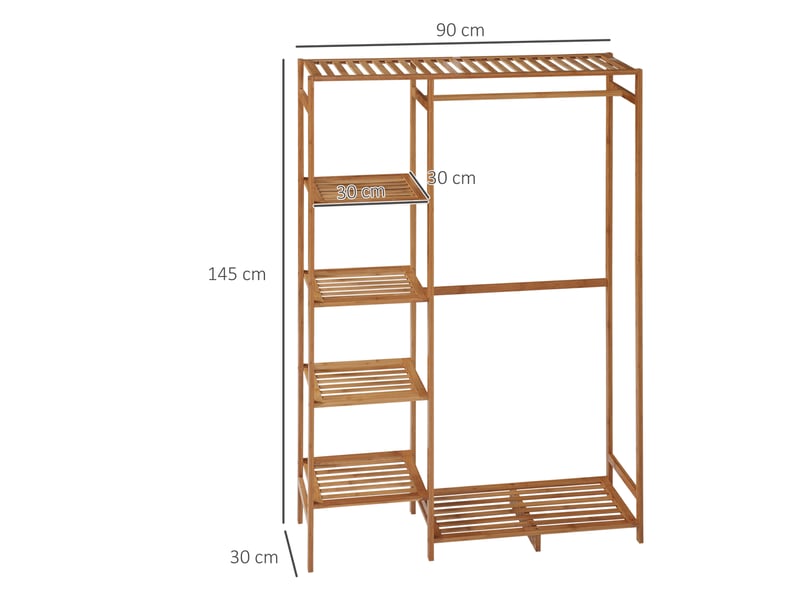 Portant à vêtements en bambou avec étagère de rangement à 6 niveaux et tringle de suspension, bois naturel, 90x30x145cm - Conforama C
