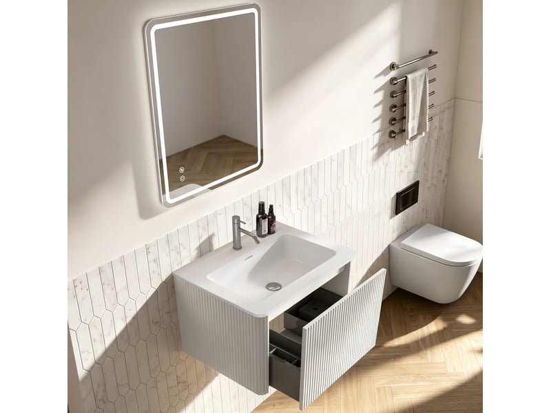 Meuble sous vasque avec 1 tiroir, vasque intégrée, miroir led antibuée et façade rainurée blanche pour salle de bain - Conforama B