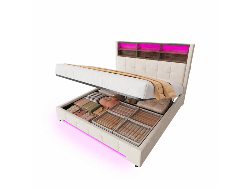  Lit coffre 160x200 en velours beige, ouverture hydraulique, tête de lit à 6 niches, usb-c et led  - Conforama A