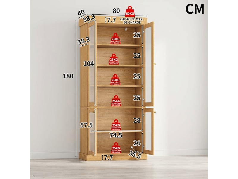  Buffet de cuisine haut effet bois naturel 160x40x180 cm avec vitrine en verre et led  - Conforama C