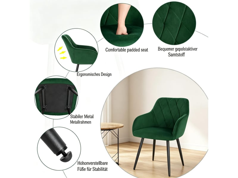  Chaise de salle à manger,44,5x46,5x79 cm,avec accoudoirs,velours,vert foncé  - Conforama E