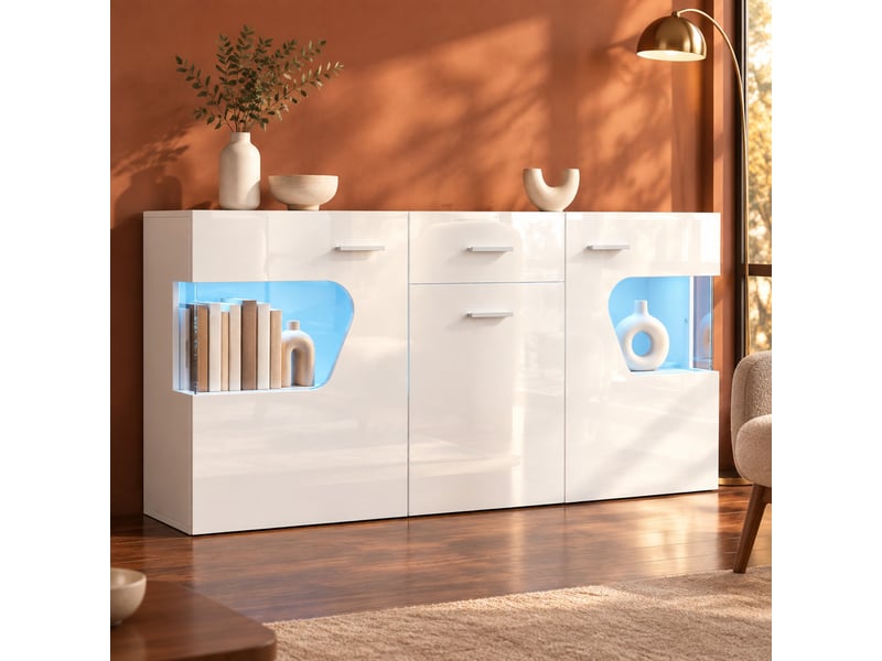  Buffet 3 portes avec éclairage led et vitrine - lpospi - tiroir, rangement, mdf et verre blanc - 140 × 33 × 70 cm  - Conforama C