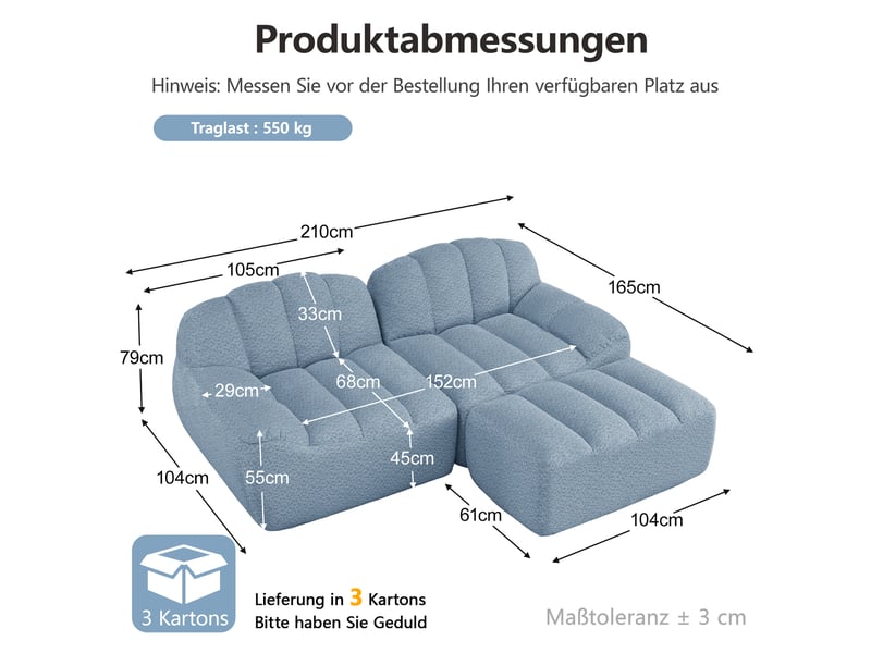 Canapé modulaire d'angle 2 places en tissu bouclette granuleux bleu avec ottoman, 210 x 165 x 79 cm - Conforama E