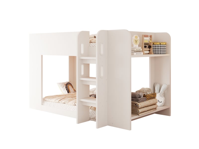  Lit superposé enfant 90 × 200 cm 2 places avec barrières, échelle et étagères, sans matelas, en mdf, blanc  - Conforama A