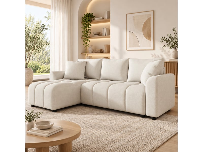  Canapé d’angle modulable, 3 places, avec 2 coussins et coffre de rangement beige en chenille  - Conforama B