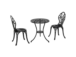 Ensemble de jardin 3 pièces comprenant une table ronde ø60x67 cm et 2 chaises 42,5x47,5x89 cm. Table avec trou pour parasol, couleur noire.