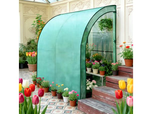 Serre de jardin adossée 200 x 100 x 210 cm en pe vert renforcé, avec 2 portes ouvrantes et toit semi-arqué