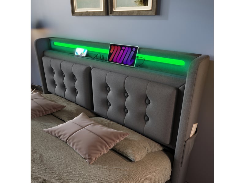 Lit adulte 160x200 gris en tissu coton-lin, tête led avec usb-c, coffre relevable et charge 300 kg - Conforama E