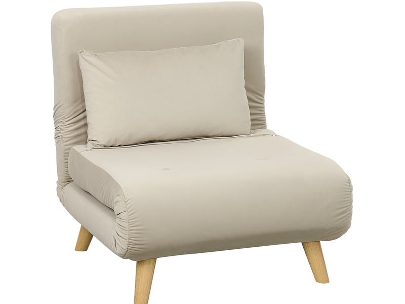  Fauteuil convertible 72x78x79 cm, avec 1 coussin, 4 pieds en bois et support repliable, dossier inclinable, finition velours beige  - Conforama A