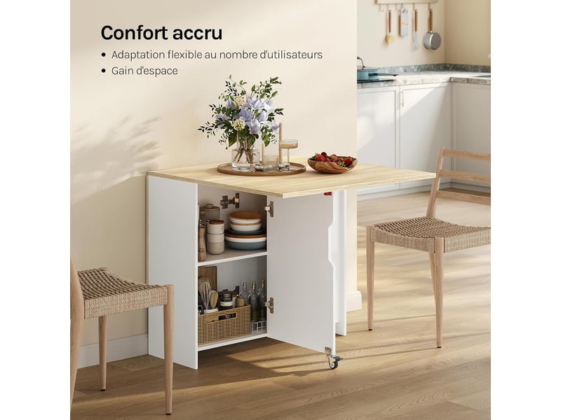  Table de salle à manger pliante, 3 formes possibles, en bois d'ingénierie, à roulettes avec freins, chêne clair  - Conforama C