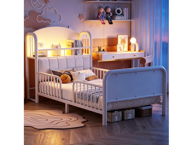 Lit enfant modenvie 90 x 200 cm avec rangement, led et barrière de sécurité blanc - Conforama E