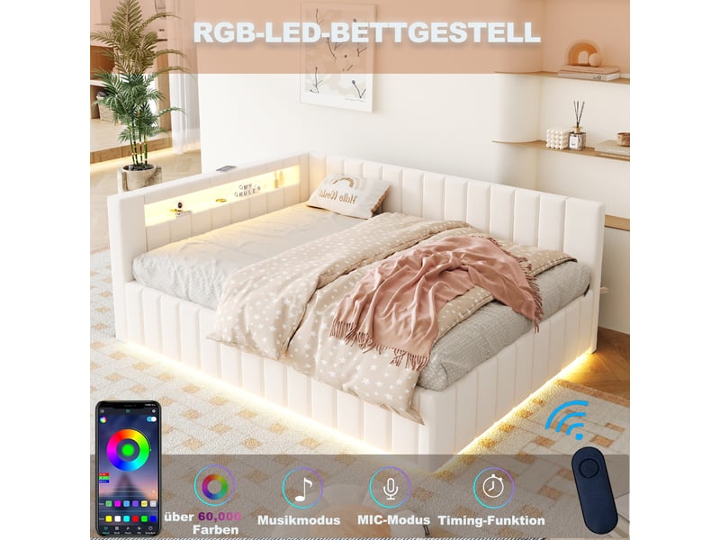 Lit double 140x200 cm beige, tissu velours, éclairage led, port usb et rangement hydraulique  - Conforama C