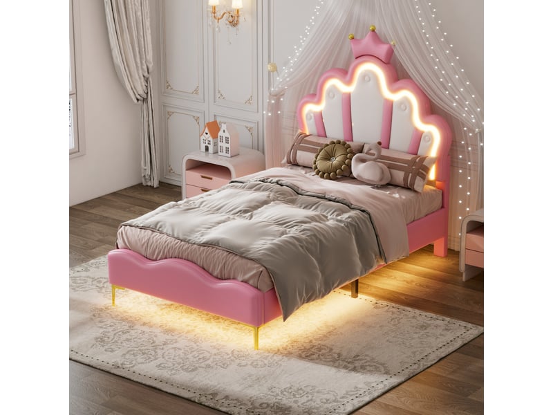  Lit simple 90x200 cm rose avec led, tête de lit couronne en pu et sommier  - Conforama D