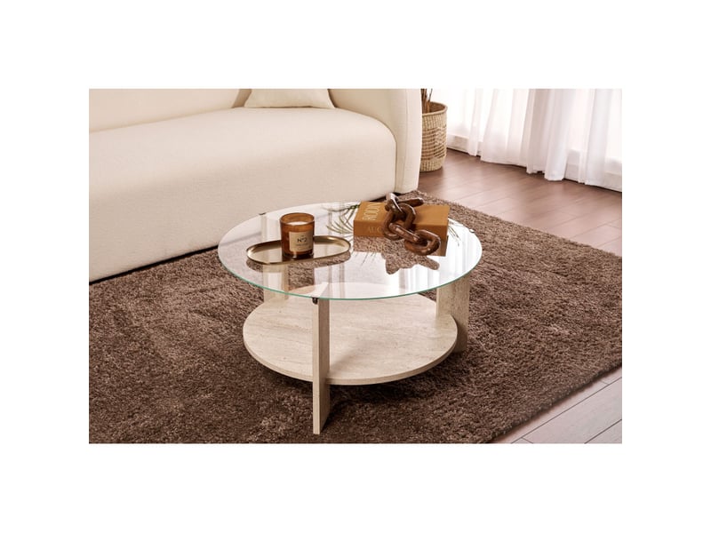  Table basse de salon en verre trempé et bois mdf mélaminé travertin et transparent 75 x 75 x 40 cm  - Conforama B
