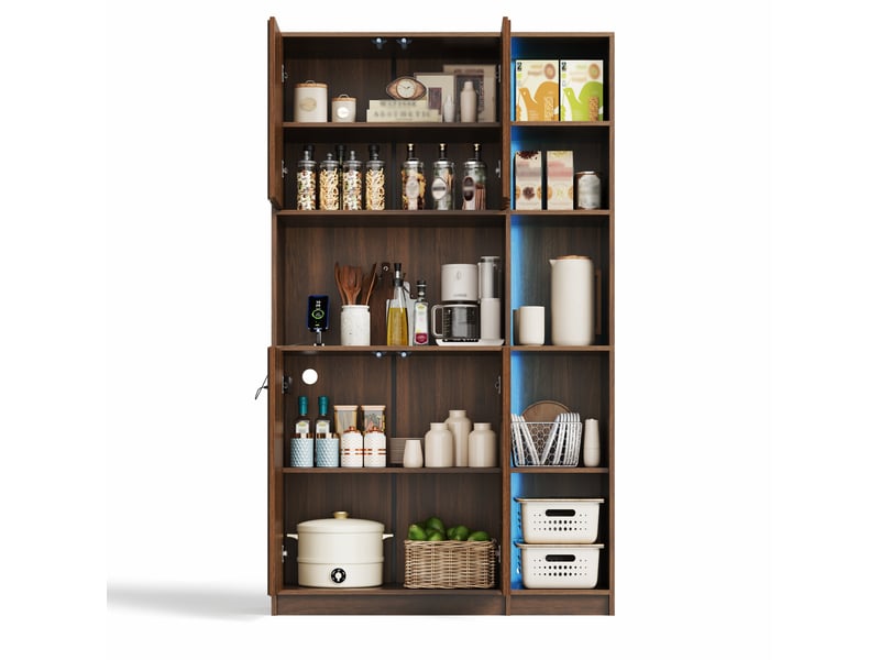  Buffet de cuisine haut avec 2 portes, niches ouvertes, led et prises, pour cuisine et séjour, mdf noyer, 105 × 40 × 180 cm  - Conforama A