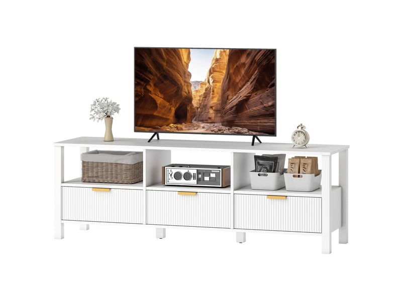  Meuble tv 152 cm, meuble télé pour téléviseur 65 pouces avec 3 tiroirs et 3 étagères ouvertes, blanc, 152x39,5x50cm  - Conforama B