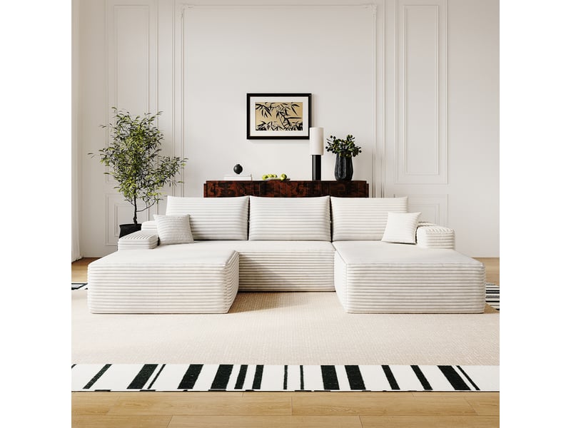 Canapé d'angle droite 3 places en l 270cm canapé modulable canapé compressé en velours côtelé avec pouf méridienne, blanc - Conforama D