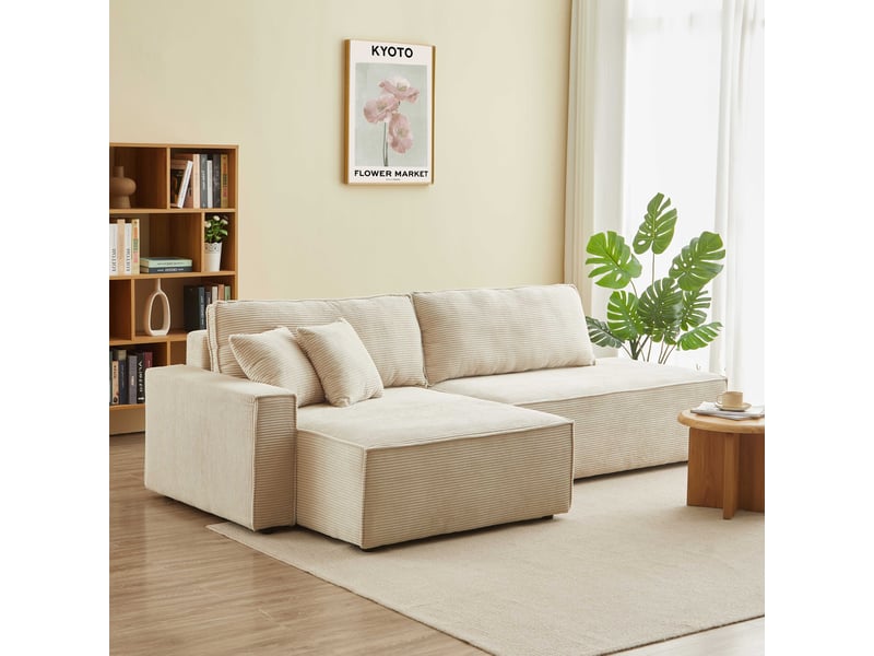 Canapé d'angle gauche ouvert convertible zola 4 places velours cotelé beige  - Conforama B
