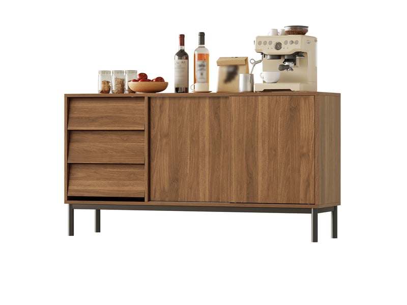 Buffet bas 150x40x80 cm avec 3 tiroirs, 2 portes coulissantes et dispositif anti-basculement, en mdf couleur naturel - Conforama A