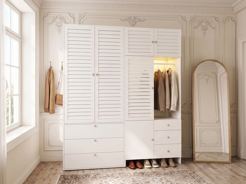  Armoire de chambre, led, panier à linge, 6 tiroirs, 2 penderies, panneaux de particules, 180 × 50 × 200 cm, blanche  - Conforama B