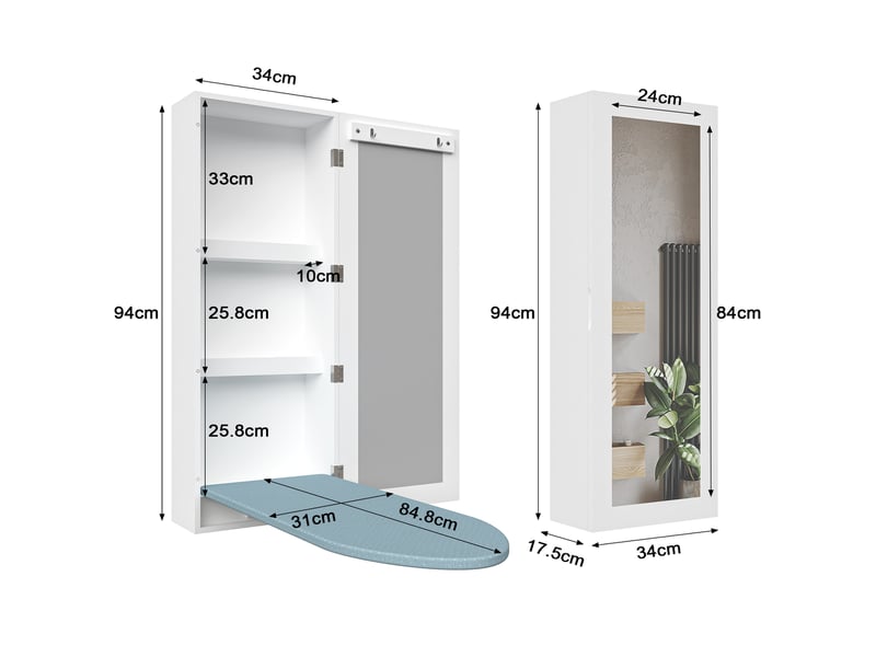  Table à repasser murale avec meuble et miroir mdf blanc 34x17.5x95 cm T3143P346399 - Conforama C