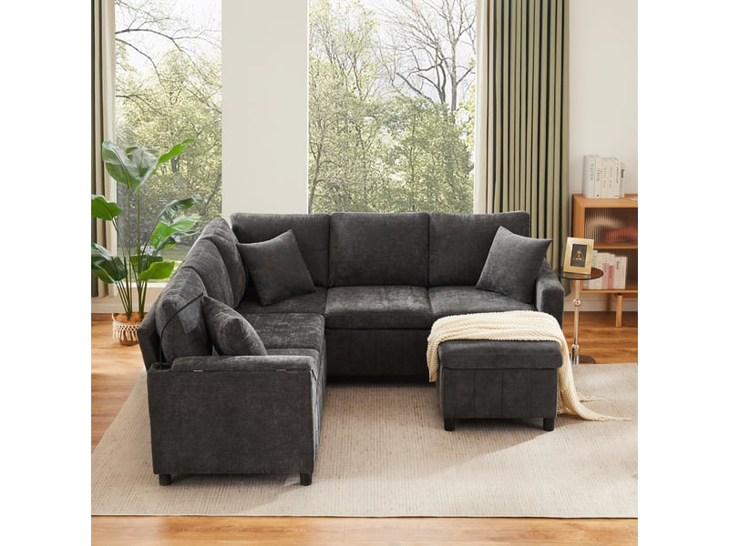  Canapé d'angle, canapé convertible – en chenille, port usb, 205×205×85cm, avec pouf, porte-gobelets, gris  - Conforama E