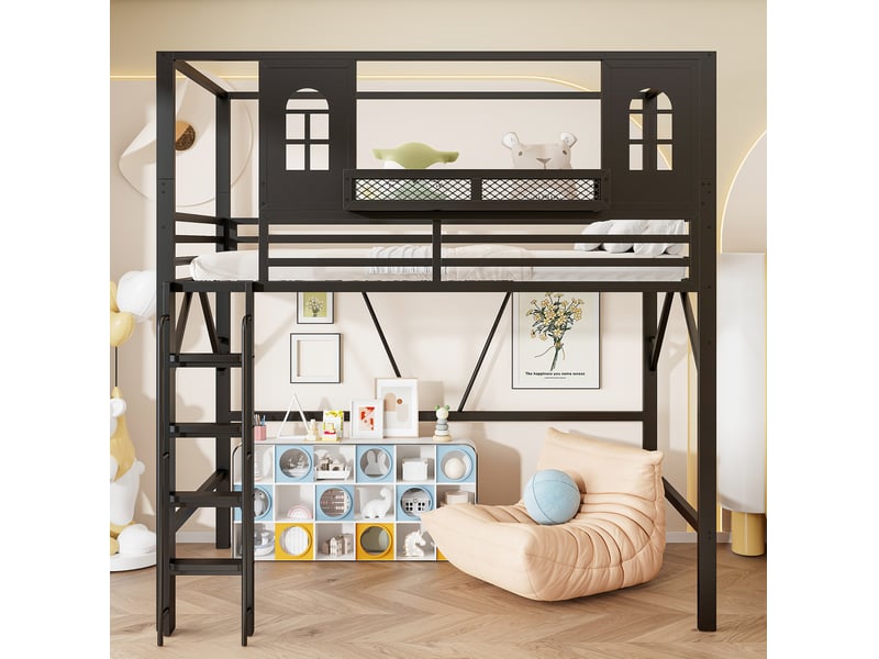  Lit mezzanine enfant 90x200 cm en métal noir avec toit et étagère, sans matelas  - Conforama D