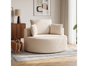 Pouf canapé rond en chenille, grande assise, 2 coussins, 1 dossier, 1 traversin, charge 250kg, 130x130x82cm, crème