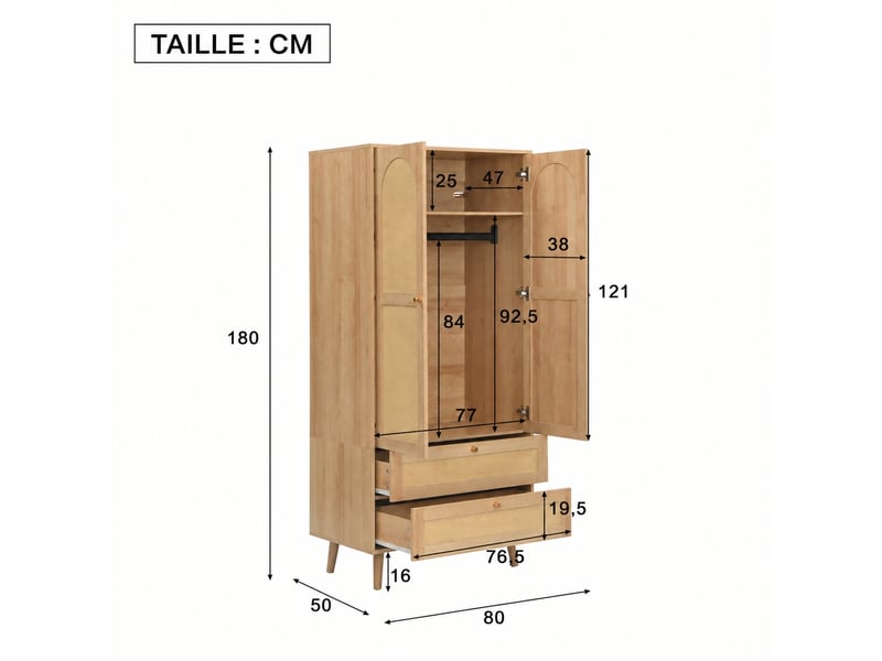  Armoire penderie aspect bois naturel, effet rotin, 2 tiroirs, 80 x 50 x 180 cm  - Conforama C